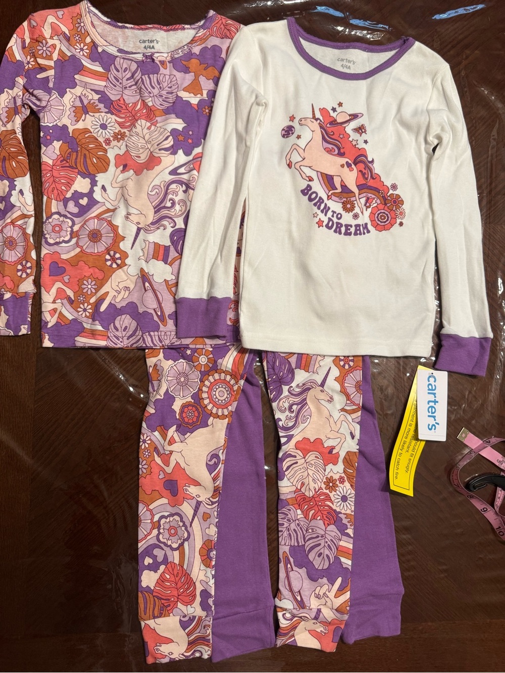 Carter's NWT girls Purple & White Unicorn Pajama Set (4 piece) Sz 4/4A